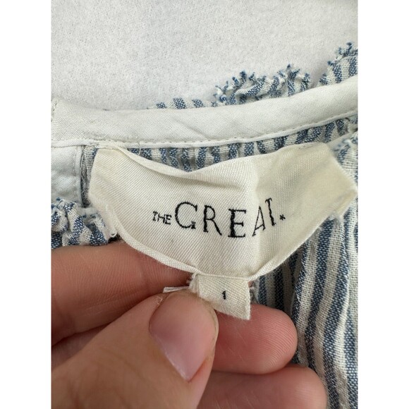 The Great Magnolia Dress Size S Seersucker Blue Striped Tiered Pockets Ruffle - Picture 12 of 15